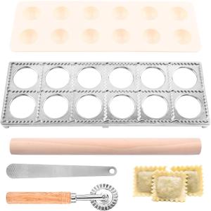 Ravioli Press Mold Set, 12 Holes Ravioli Maker Press,1 x Pasta Cutter Stamp Maker, 1xWood Rolling Pin Pasta Making Tools,1x Filling Spoon, for Ravioli, Dumpling, Hand Pie
