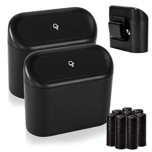 Ginsco 2 Pack Mini Car Trash Can with Lid, Small Garbage Can, Cute Leakproof ABS Trash Bin, Car Accessories for Interior, Garbage Bin for Home, Office with 120pcs Trash Bags Black