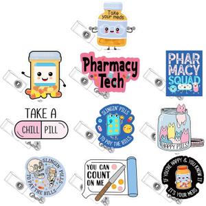 Wavwavw 10 Pcs Pharmacy Badge Reel Funny Pharmacy Technician Gifts Nurse Badge Reel for Doctors Nurses Week Gift Supplies