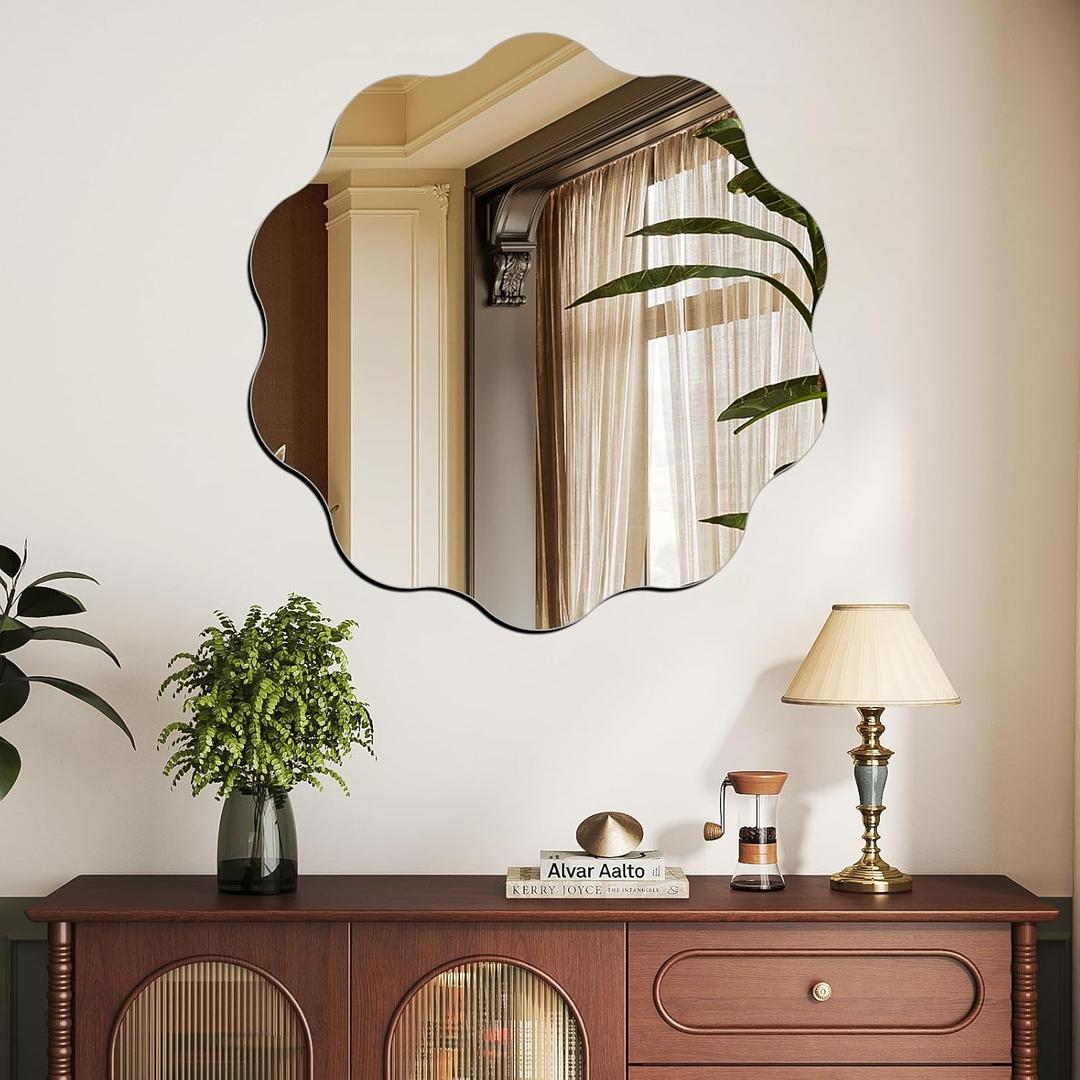 DARENYI Round Wavy Mirror for Wall Decor, 12 inch Wavy Edge Acrylic Circle Scalloped Wall Mirror for Bathroom, Bedroom, Living Room, Entryway, Home Decor