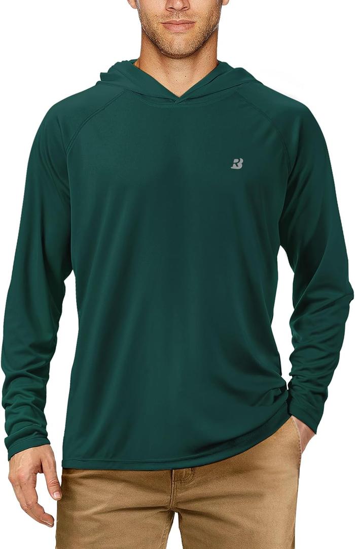 Roadbox UPF 50+ Fishing Shirts for Men, Long Sleeve UV Sun Protection Hoodie, Outdoor Hiking Running Swimming Rash Guard (Green, M)