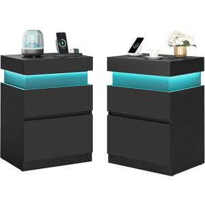 VASAGLE Kailyn Collection - Nightstands with Power Outlets, Sliding Lid, Modern Bedside Tables with LED Lights, End Tables, 2 Drawers, Set of 2, 15.7 x 18.9 x 26.8 Inches, Ink Black ULET650BC01S-2J, 2 PACK
