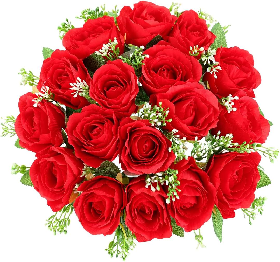 Cemetery Flowers for Grave 18 Silk Artificial Flowers for Cemetery Red Memorial Roses Flowers for Headstones Gravesite Grave Vase Funeral Decorations