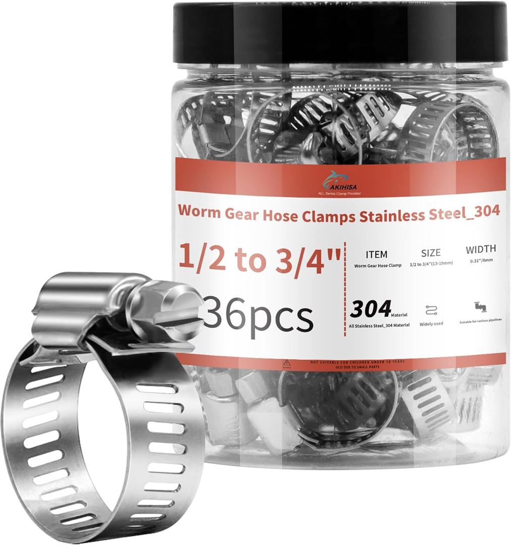 36 Pack 1/2'' - 3/4'' Worm Gear Hose Clamps, Adjustable Range 13-19mm 304 Stainless Steel Fuel Line Hose Clamps for Pipe, Plumbing, Automotive And Mechanical Application