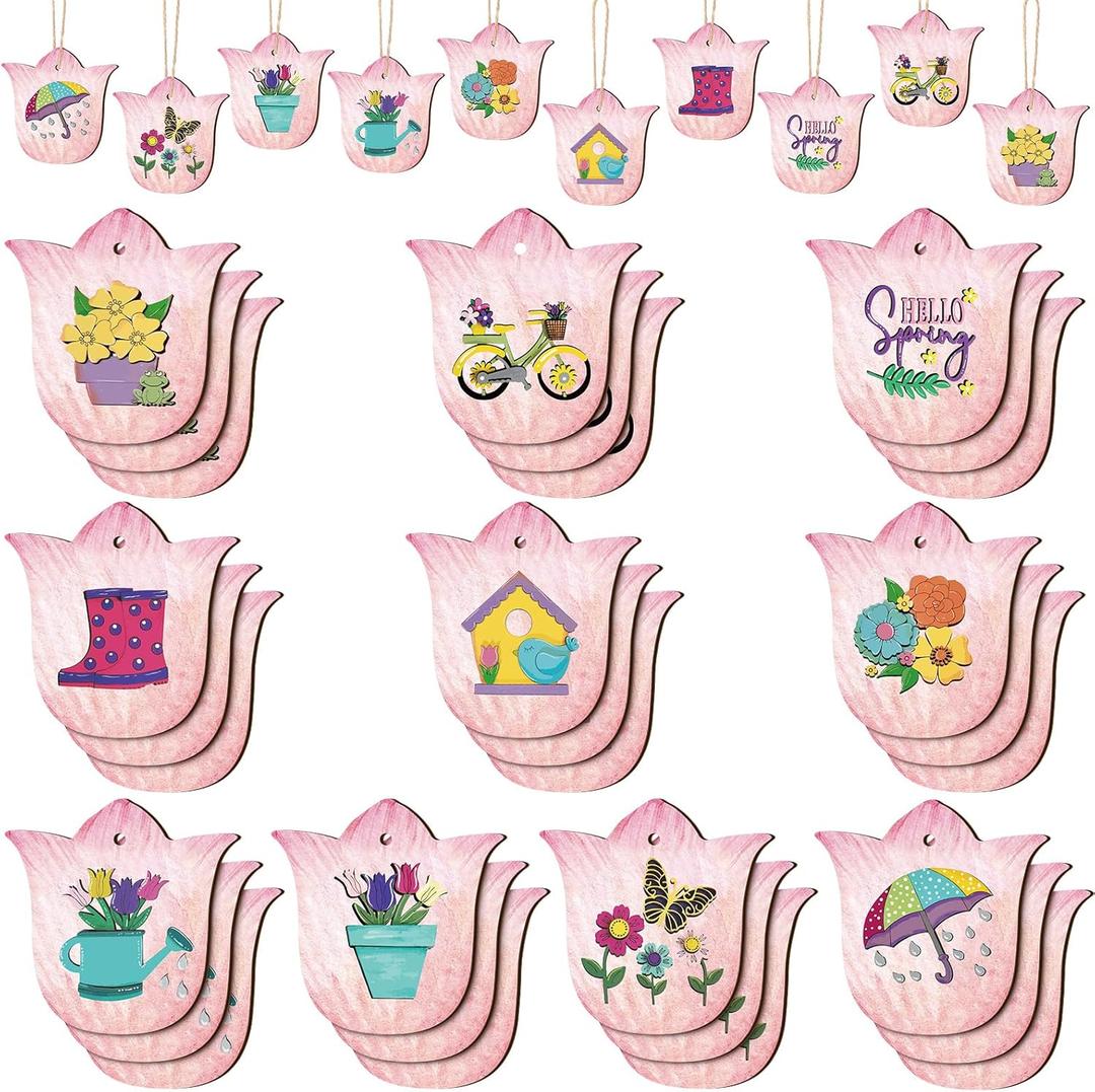 30 Pcs Spring Flower Wooden Ornaments 4 Inch Tulip Easter Tree Decoration Floral Hanging Wood Tulip Cutout Pastel Spring Decor for Home Small Tree Party Decoration