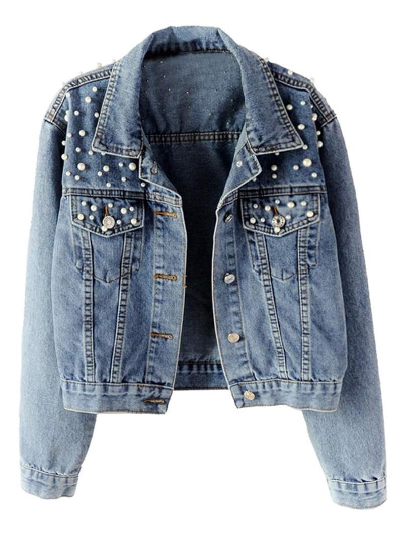 Kedera Women Oversized Denim Jacket Embroidered Pearls Beading Jeans Coat, XL