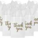 DjinnGlory 50 Pack Small Thank You Gift Bags with Handles - 9x5.5x3.15 Inch White Paper Bags with Tissue Paper for Wedding, Bridal, Baby Shower, Birthday Party Favors, Business, Shopping