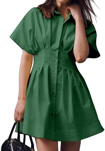 Dsewpaur Women Button Front Pleated Shirt Dresses Summer Casual Short Sleeve Pleated Blouse Mini Dress Medium, Dark Green 