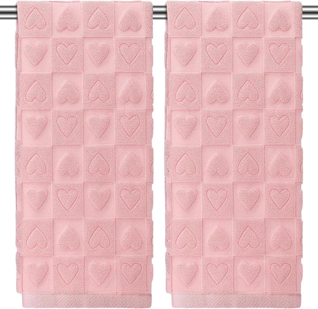 Hahafelt 2 Pack Valentine's Day Hand Towels 100% Cotton Heart Jacquard Bathroom Decorative Towels Set Valentines Bathroom Decor Gift for Drying, Cleaning, Cooking, 14''x 30''(Light Pink,Heart-5)