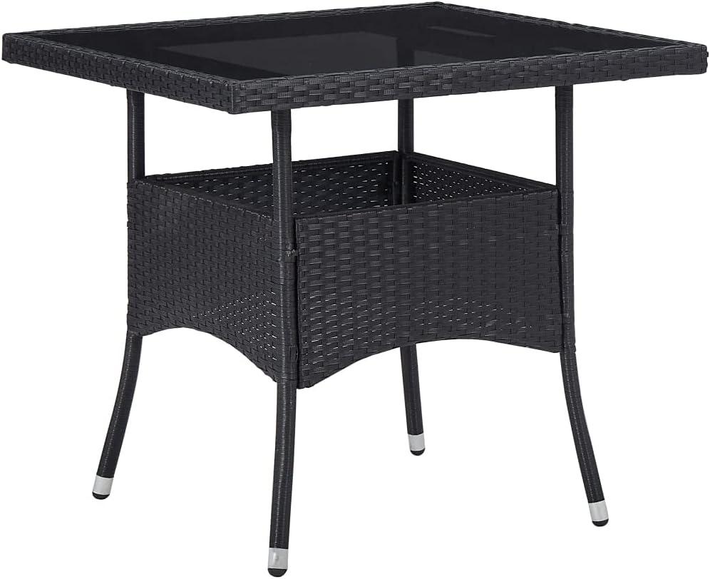 Patio Dining Table Black Poly Rattan and Glass 16kg/35.2ib Outdoor Tables