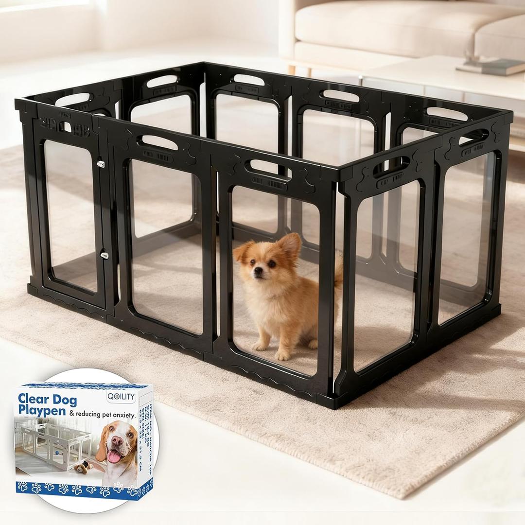Clear Dog Playpen with Door - Height 30 Inch, 10 Panels - Reduces Indoor Puppy/Small Dog Anxiety, Black