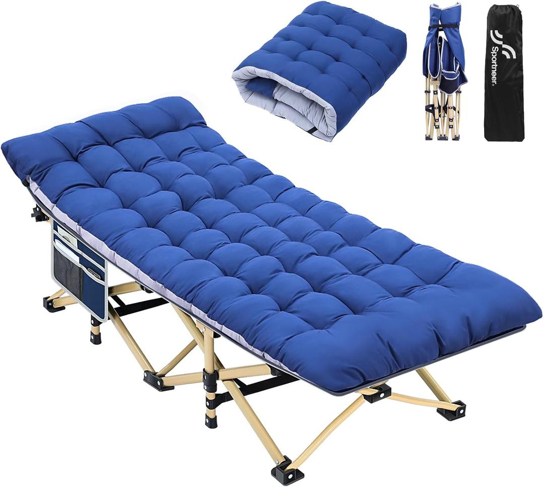 Sportneer Camping Cot for Adults, 28" Extra Wide Heavy-Duty 1200D Oxford Cot with 2 Side Pockets & Mattress, Portable Folding Camp Bed Supports 450 LBS, 10-Second Setup for Camping Travel Home Guest (Blue+blue)