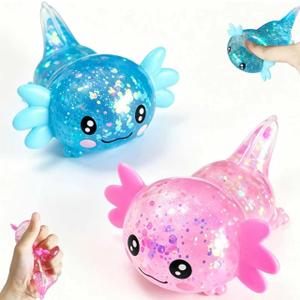 2pack Glitter Axolotls Squishies Toy, Axolotls Stress Relief Toy,Soft Squeeze Sensory Fidget Gadget for Teen & Adult, Office Desk Decor, Party Favors (Blue+Pink)