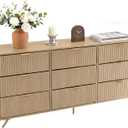 Fabric Fluted Dresser for Bedroom, Chest of 9 Fabric Drawer with Metal Frame & Spacious Wooden Top, Dresser Storage Tower for Closet, Hallway, Living Room, Natural Oak 57"D x 28.94"W x 11.8"H