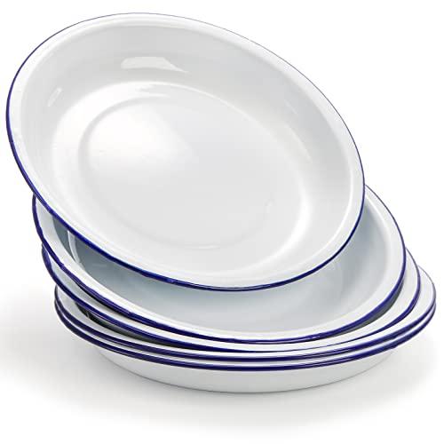 Dicunoy Set of 4 Enamel Plates, 9.5" Unbreakable Enamelware Dinner Serving Platter Trays, Retro White Round Shallow Bowls with Blue Rim for Pasta, Salad, Camping, Outdoor, Picnic, BBQ