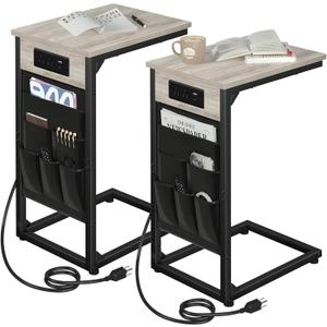 AMHANCIBLE C Shaped End Table with Charging Station, TV Tray Set of 2, Couch Tables with Storage Bag, Slide Under Sofa Side Table with USB Ports and Outlets for Living Room, Black