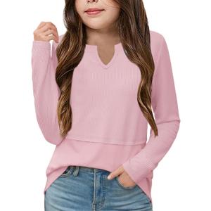 Floral Find Girls Casual V Neck Long Sleeve Tops Loose Fit Tunic Fall T Shirts Blouse, Pink, 6-7Y (Pink)