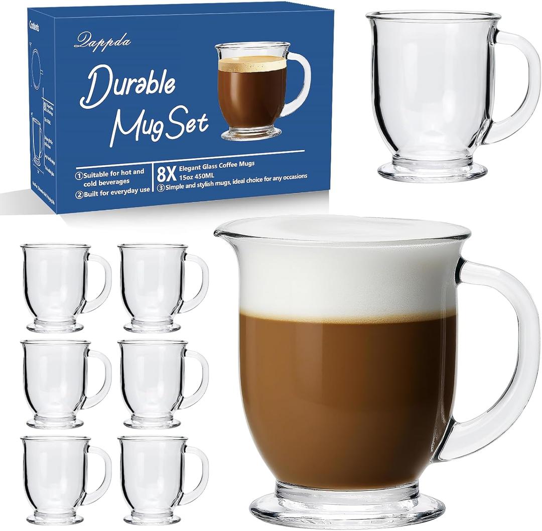 Coffee Mugs Set of 8, Clear Large Coffee Mug 15 OZ With Handles Transparent Tea Cup for Hot/Cold Beverages, Glassware Set for Americano, Latte, Cappuccino