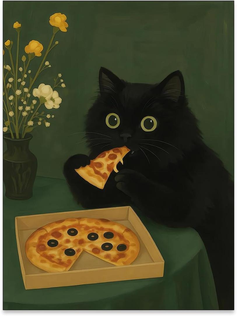 YYS Black Cat Eating Pizza Poster Trendy Cute Animal Wall Art Funny Fashion Whimsical Canvas Painting for Dining Room Kitchen Wall Decor 12X16 inch Unframed Gift For Cat Lover