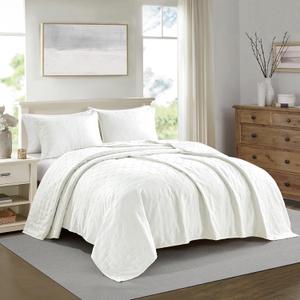 Ultrasonic Quilt Set 3-Piece Full/Queen Bedding Set Pre-Washed Microfiber Ultra Soft Lightweight Star Bedspread Coverlet Set for All Season, White