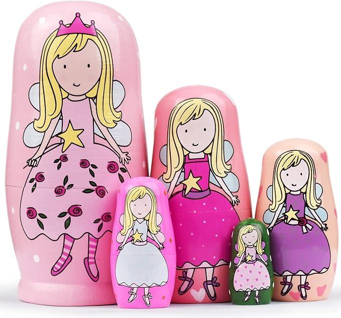 GRPSKCOS Nesting Dolls Valentines Day Gifts for Kids Birthday Cute Angel Girls Stacking Russian Matryoshka Dolls Toys Set of 5(02 Angel)