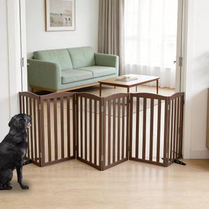 Freestanding Dog Gate Indoor,Doggie Gate Foldable Pet Gates for Doorways,Stairs or Hallways, Wooden Brown Pet Gate for the House, Pet Fence with Support Feet Included,32 "Height-6 Panels
