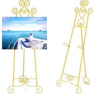 Gold Easel Stand for Sign, Vintage Decorative Adjustable Floor Metal Display Easel with Chain Support for Wedding Signs, Art, Posters, Pictures, Welcome Signs, Suitable for Home, Parties, Galleries