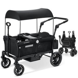 ELEMARA Stroller Wagon for 2 Kids, Foldable Wagon Stroller, Premium All Terrain Wagon for Kids, Kids Wagon Cart w/Removable Canopy, Adjustable Push/Pull Handle, Harnesses, Large Storage Bag, Black