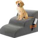 Romrol Dog Stairs Ramp for Beds Couches, 15.7 H 33D Extra Wide Pet Steps with Durable Non-Slip Waterproof Fabric Cover, Dog Slope Stairs for Small Dogs and Cats or Pets Friendly, 3-Tiers, Fleece Grey