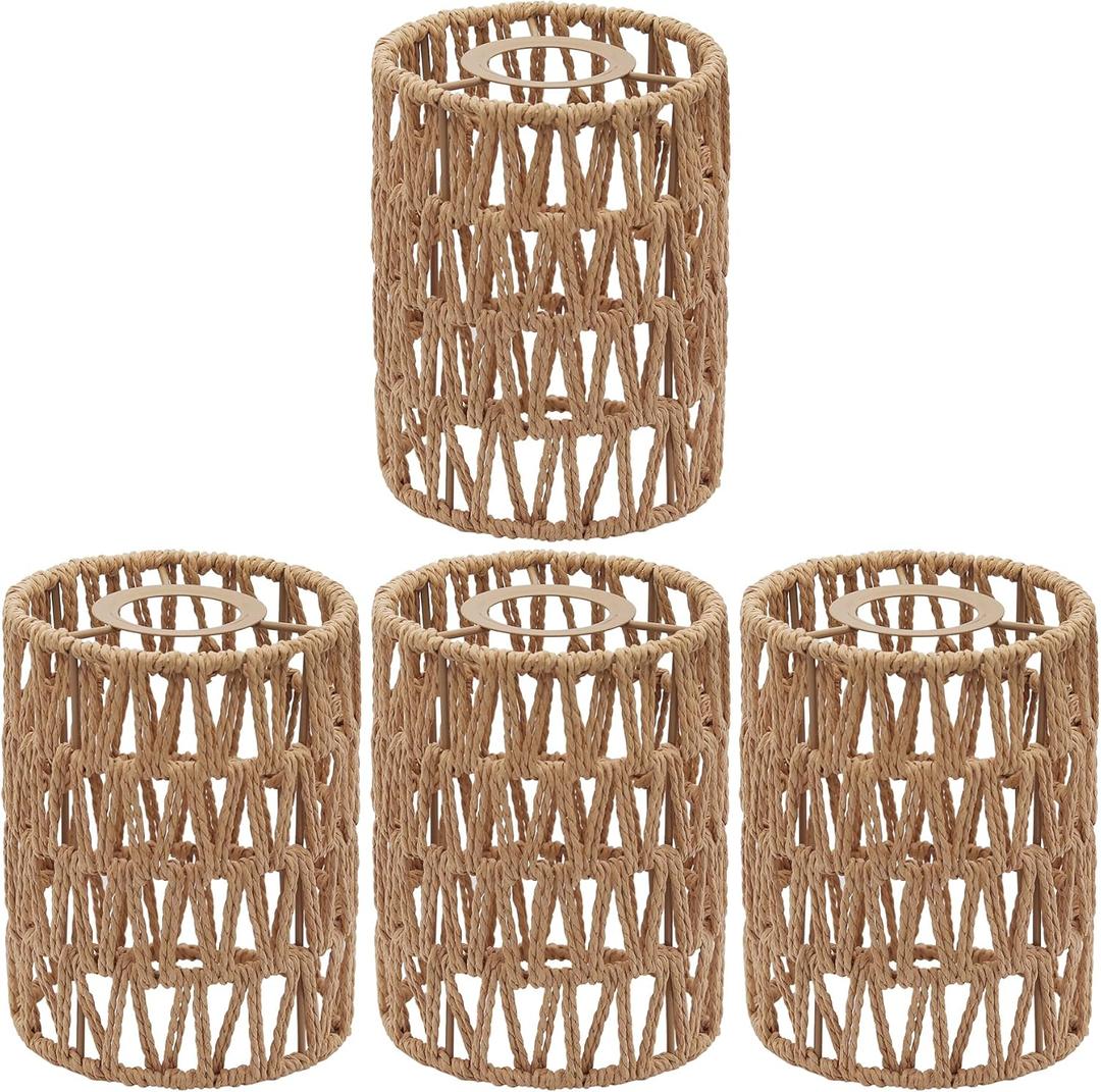 Rattan Lamp Shade, 4-Pack Retro Small Wicker Lamp Shade Replacement, Boho Woven Pendant Light Lampshade Cover for Chandelier,Lamp Holder,Ceiling Light,Pendant Light,Floor Lamps, 4.9 inches x 6.3 inches