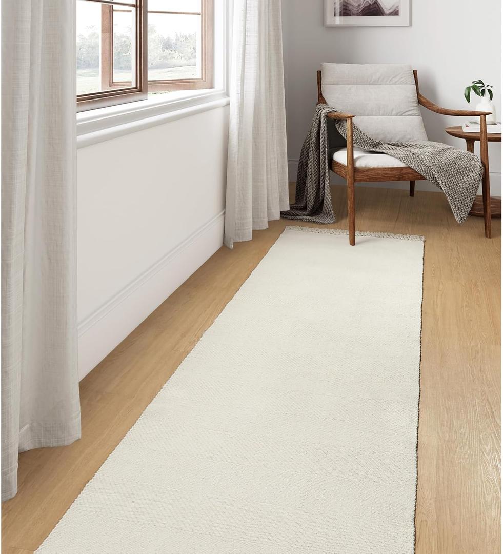 Washable Indoor Entryway Rug, White/Beige Braided Woven Kitchen Rug for Laundry Room Bedroom Doorway 88 "x17"