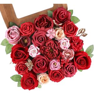 AGIRL Red Artificial Flowers Combo Fake Flowers Red Rose Silk Flowers Fake Floral Arrangements for DIY Wedding Bouquets Centerpieces Table Decor Baby Shower Home Decor