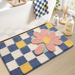 LUMI Bathroom Rug 20x32, Soft Absorbent Microfiber Bath Mats, Machine Washable Bath Rugs with Non-Slip Backing, Checkered Design Floor Mat for Bathroom, Shower and Bathtub Floor, Grid Flower