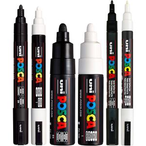 POSCA Black & White Bullet Tip - Set of 6 Pens (PC-5M, PC-7M, PC-3M)