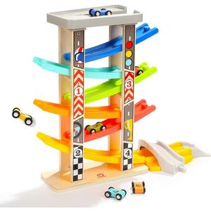 TOP Bright Wooden Race Track Car Ramp Toys for Toddlers 1-3 Years Old with 6 Mini Cars, 1 Car Garage & Extra Bridges, Toddler Montessori Toys for 1 Year Old Boys Girls Birthday