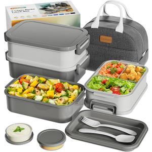 Adults Bento Box with Insulated Lunch Bag, 74oz Capacity 3 Stackable Leak-Proof Bento Box Built-In Utensil and Sauce, PFAS & BPA-Free, Microwave & Dishwasher Safe (Dusk Gray)