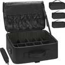 Relavel Large Makeup Bag with 3 Removable Pouches, Travel Train Case Cosmetic Organizer Carrying Box for Makeup Artists Hairstylist with Adjustable Dividers, Brush Holder and Shoulder Strap, Black