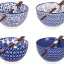 Selamica Ceramic Ramen Bowls Set, 15 OZ Noodle Bowls for Kitchen with Chopsticks, Deep Soup Bowls for Japanese Ramen Udon Soba, Microwave Dishwasher Safe, Set of 4, Vintage Blue