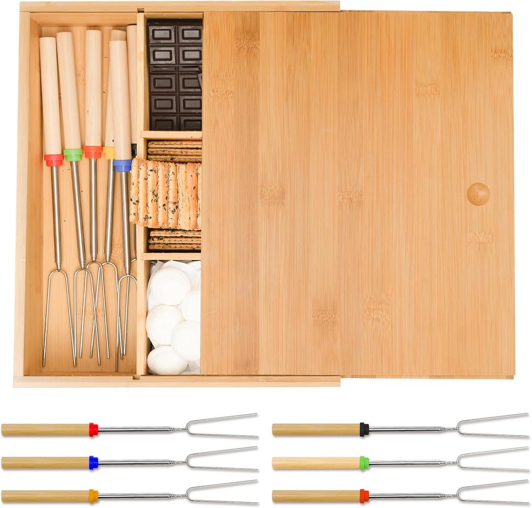 Smores Kits,Bamboo Smores Box with a Lid,Smores Caddy with 6Pcs Extendable Marshmallow Roasting Sticks,Exquisite Smores Kit for Fire Pit Outdoor - Perfect for Outdoor Parties, Entertaining, Camping