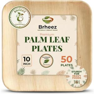 brheez Bamboo Plates Disposable Palm Leaf Plates | 10 inch bamboo dinner plates | Eco Compostable Biodegradable Plates | 10&7 Inch (50 pc)