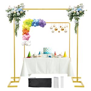 8.2FT x 8FT Backdrop Stand Heavy Duty with Base, Gold Portable Adjustable Pipe and Drape Backdrop Stand Kit, Over The Table Rod Stand with Clamps, Square Metal Arch Party Frame for Birthday Decor