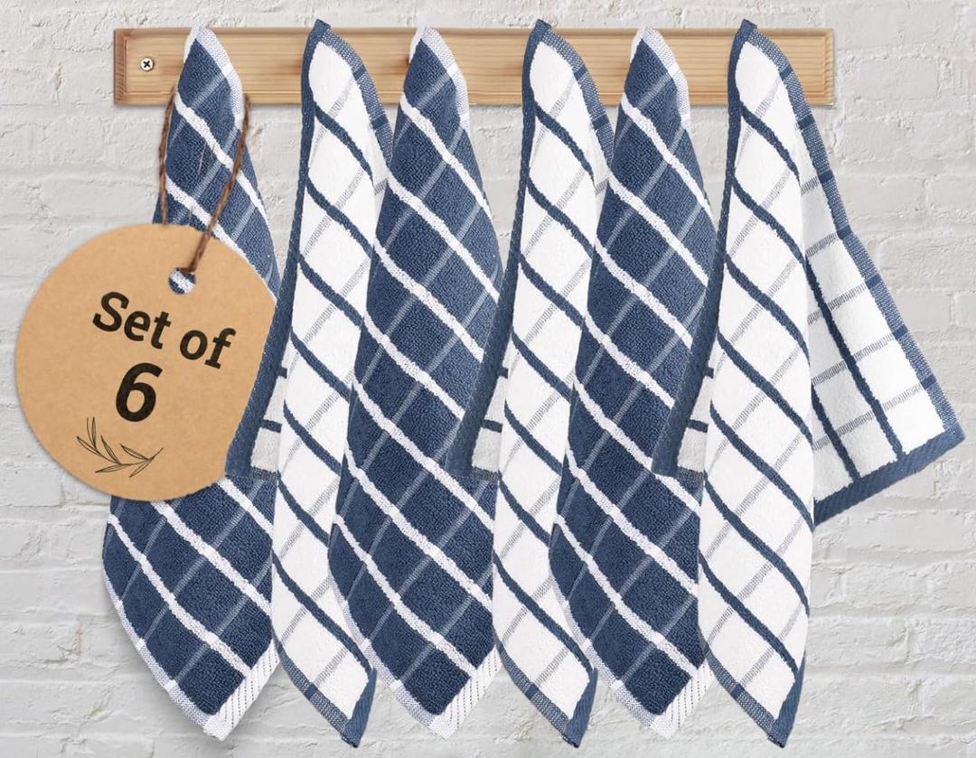 Urban Villa Dish Cloths Terry Cotton Pack of 6, Highly Absorbent Quick Drying Super Soft Premium Dish Towels for Kitchen with Hanging Loop Hand & Tea Towels - 12x12 Inch, (Blue & White, Checks)