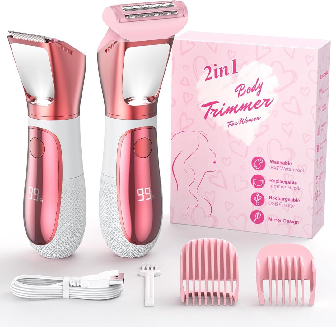Bikini Hair Trimmer with LED Mirror Pubic Hair Razor IPX7 Waterproof Electric Shaver with Ceramic Blades & Travel Lock