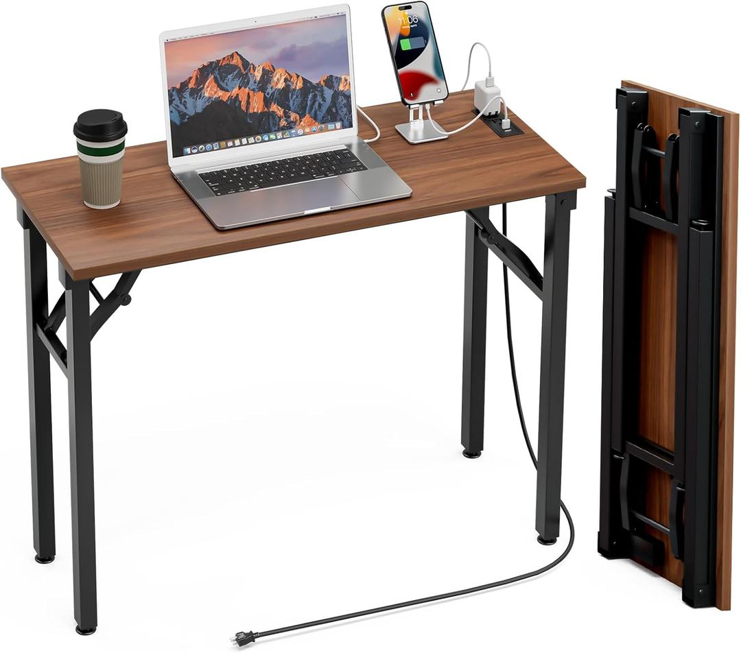TEMI Small Computer Desk Folding Table - No Assembly, Compact 35.8" Foldable Desk with Power Outlets & USB Charging Port, Portable Small Office Desk, Ideal Mini Study Table for Narrow Spaces, Walunt (Dark Walnut)