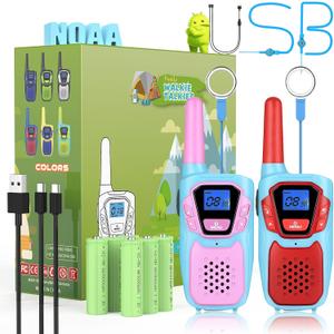 Walkie Talkies for Kids Rechargeable Walkie-Talkie for Adults Long Range Pink 2 Way Radio 2 Pack with Lanyard Battery NOAA USB, Family Toy for 3-12 Year Old Girls Boys Toddlers Camping
