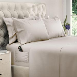 DREAMCARE King Size Sheets Set - 6 pcs Breathable Cooling Bed Sheets - up to 15" Deep Pocket King Sheet Set with Side Pockets - Extra Soft 100% Brushed Hypoallergenic Hotel Luxury Bedding - Beige