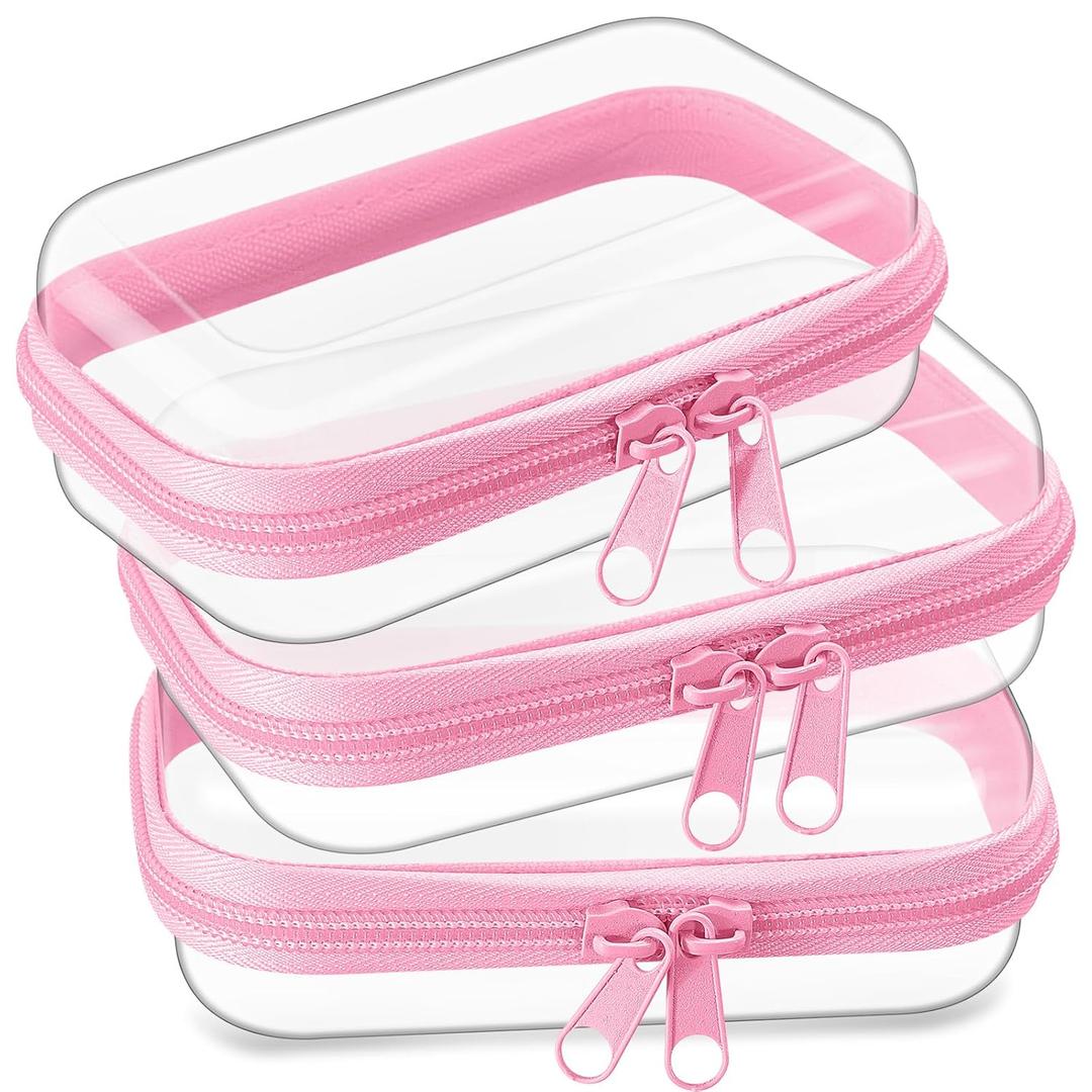 Hoolerry 3 Pcs Clear Hard Zipper Case Hard Plastic Zipper Pouch Makeup Bag Portable Travel Organizer for Cosmetics, Office Supplies, Documents & Toiletries(Pink,Xs)