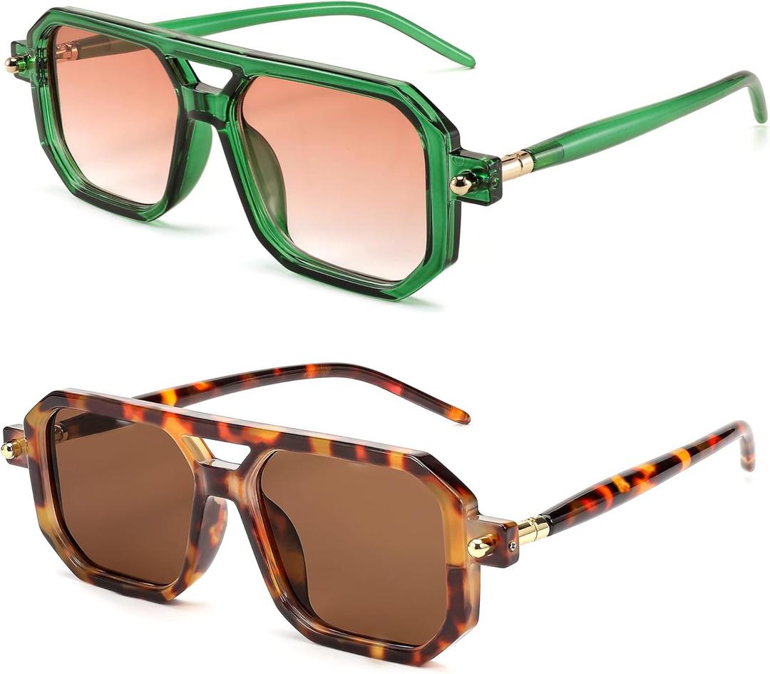 BUTABY Retro Square 70s Flat Aviator Sunglasses Women Men Vintage Trendy Plastic Frame Sun Glasses UV400 Protection (Leopard Frame Brown Lens + Green Frame Gradient Pink Lens)
