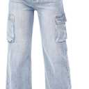 Women High Waisted Cargo Jean for Women with 6 Pockets Straight Wide Leg Jean Casual Baggy Pants (Blue, M)