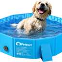 Peteast Foldable Dog Kiddie Pool with Stable Side Support, Hard Plastic Shell Portable Dog Pool, Collapsible Swimming Pools for Pet and Kids, 32 in, Blue 